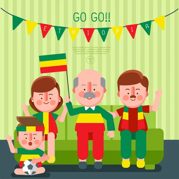 Ευτυχισμένη Οικογένεια Επευφημίες Άθλημα Την Εθνική Σημαία Αιθιοπία Εικονογράφηση Διάνυσμα — Διανυσματικό Αρχείο