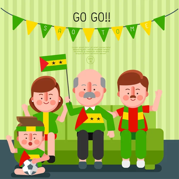 Ευτυχισμένη Οικογένεια Επευφημίες Άθλημα Την Εθνική Σημαία Σάο Τομέ Εικονογράφηση — Διανυσματικό Αρχείο