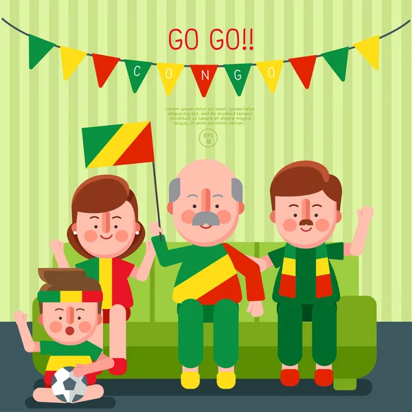 Ευτυχισμένη Οικογένεια Επευφημίες Άθλημα Την Εθνική Σημαία Κονγκό Εικονογράφηση Διάνυσμα — Διανυσματικό Αρχείο