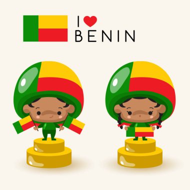 Ulusal şapka ve ulusal bayrak tutan kız ve erkek: Benin: vektör çizim