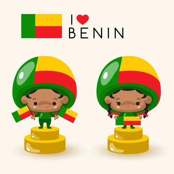 Boy Girl Wearing National Hat Holding National Flags Benin Vector — Stock Vector