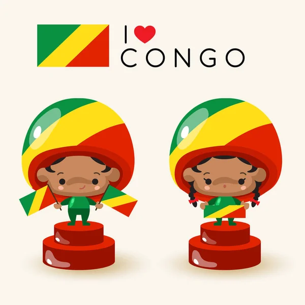 Menino Menina Vestindo Chapéu Nacional Segurando Bandeiras Nacionais Congo Ilustração —  Vetores de Stock