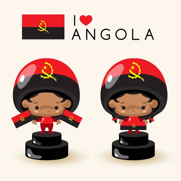 Хлопчик Дівчинка Національної Капелюсі Проведення Національних Прапорів Ангола Векторні Ілюстрації — стоковий вектор