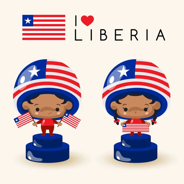 Menino Menina Vestindo Chapéu Nacional Segurando Bandeiras Nacionais Libéria Ilustração — Vetor de Stock