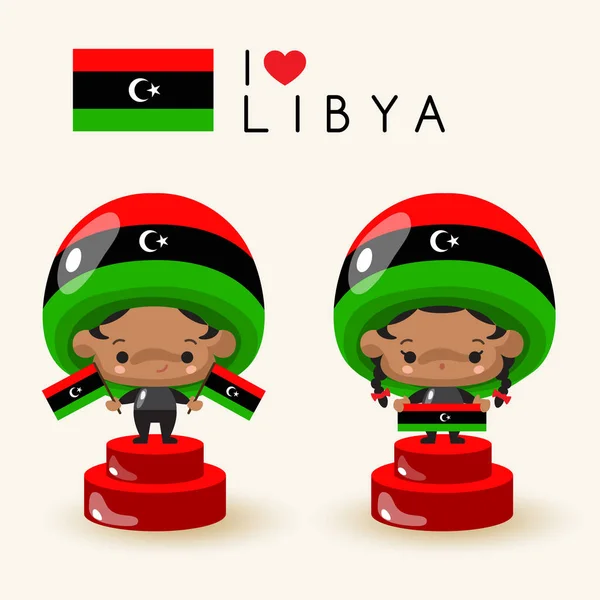 Niño Niña Con Sombrero Nacional Banderas Nacionales Libia Vector Illustration — Archivo Imágenes Vectoriales
