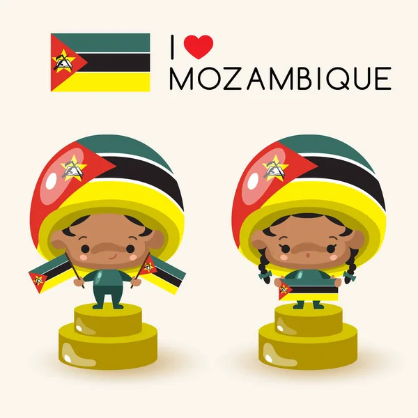Хлопчик Дівчинка Національної Капелюсі Проведення Національних Прапорів Мозамбіку Векторні Ілюстрації — стоковий вектор