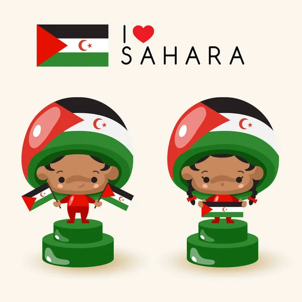 Chlapec Dívka Národní Klobouk Držení Vlajky Států Sahara Vektorové Ilustrace — Stockový vektor