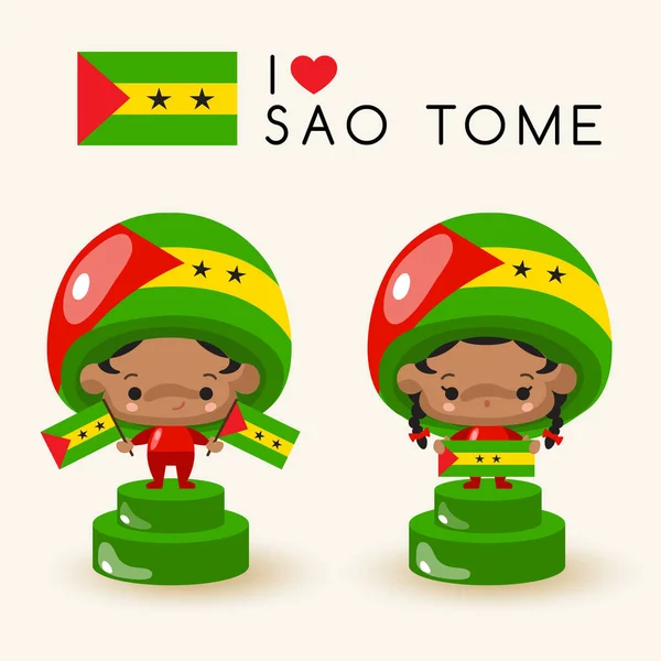 Menino Menina Vestindo Chapéu Nacional Segurando Bandeiras Nacionais São Tomé — Vetor de Stock