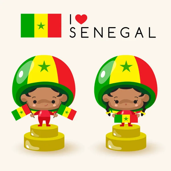 Хлопчик Дівчинка Національної Капелюсі Проведення Національних Прапорів Сенегал Векторні Ілюстрації — стоковий вектор