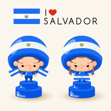 Ulusal şapka ve ulusal bayrak tutan kız ve erkek: El Salvador: vektör çizim