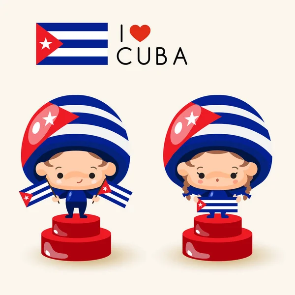 Menino Menina Vestindo Chapéu Nacional Segurando Bandeiras Nacionais Cuba Ilustração — Vetor de Stock