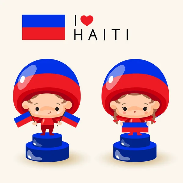 Niño Niña Con Sombrero Nacional Banderas Nacionales Haití Vector Illustration — Archivo Imágenes Vectoriales