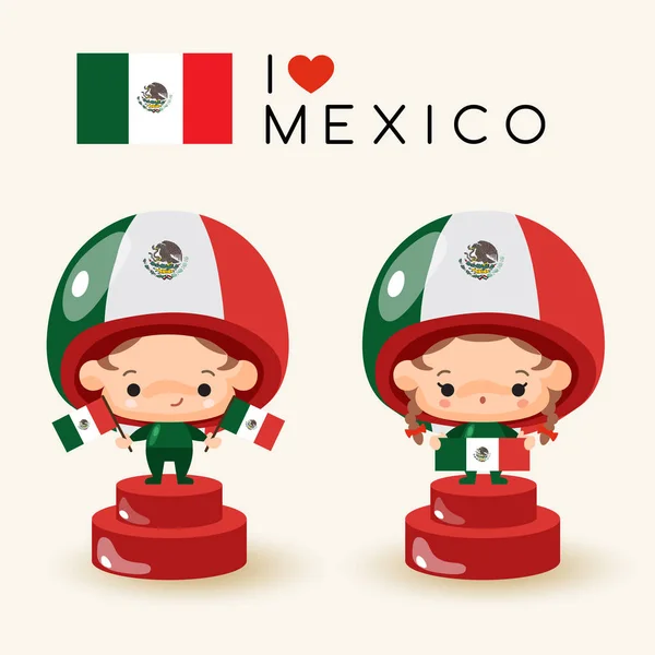 Menino Menina Vestindo Chapéu Nacional Segurando Bandeiras Nacionais México Vector — Vetor de Stock