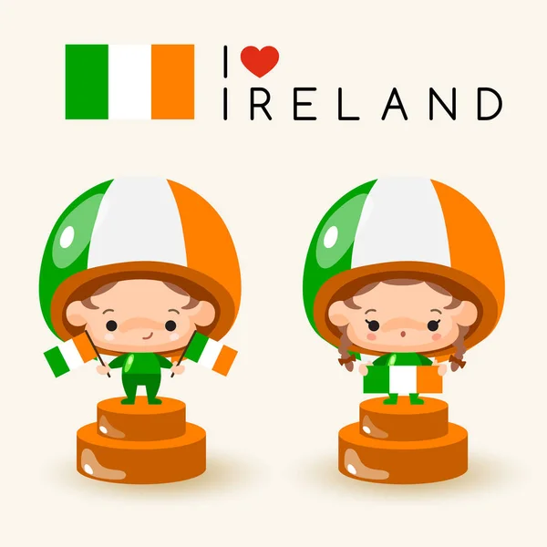 Menino Menina Vestindo Chapéu Nacional Segurando Bandeiras Nacionais Irlanda Vector — Vetor de Stock