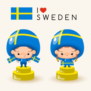 Ulusal şapka ve ulusal bayrak tutan kız ve erkek: İsveç: vektör çizim