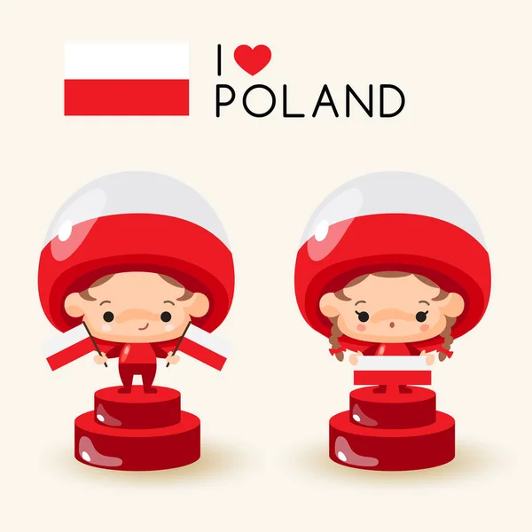Chlapec Dívka Národní Klobouk Držení Vlajky Států Polsko Vektorové Ilustrace — Stockový vektor