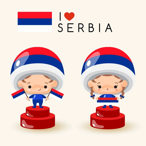 Chlapec Dívka Národní Klobouk Držení Vlajky Států Srbsko Vektorové Ilustrace — Stockový vektor