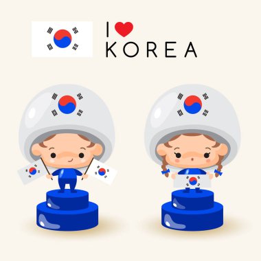 Ulusal şapka ve ulusal bayrak tutan kız ve erkek: Kore: vektör çizim
