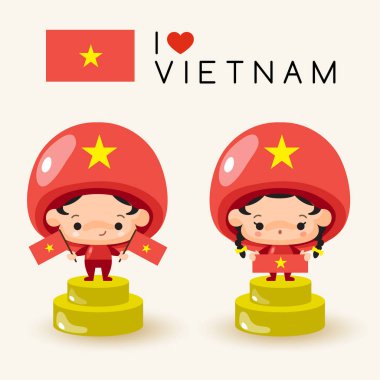 Ulusal şapka ve ulusal bayrak tutan kız ve erkek: Vietnam: vektör çizim