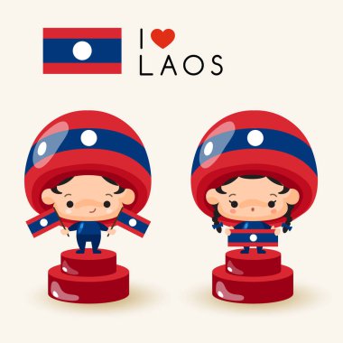 Ulusal şapka ve ulusal bayrak tutan kız ve erkek: Laos: vektör çizim