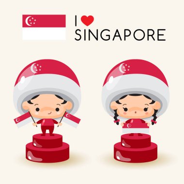 Ulusal şapka ve ulusal bayrak tutan kız ve erkek: Singapur: vektör çizim