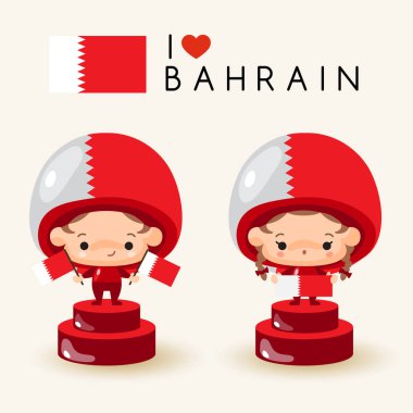 Ulusal şapka ve ulusal bayrak tutan kız ve erkek: Bahreyn: vektör çizim