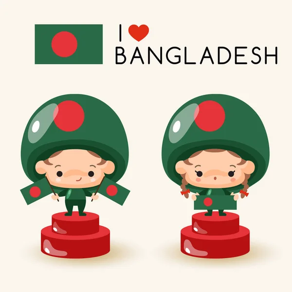 Junge Und Mädchen Mit Nationalhut Und Nationalflagge Bangladesh Vektor Illustration — Stockvektor