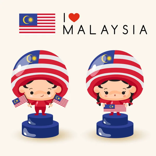 Мальчик Девочка Национальных Шляпах Национальными Флагами Малайзия Векторная Иллюстрация — стоковый вектор