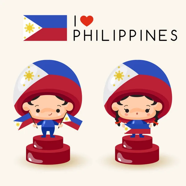 Menino Menina Vestindo Chapéu Nacional Segurando Bandeiras Nacionais Filipinas Ilustração —  Vetores de Stock