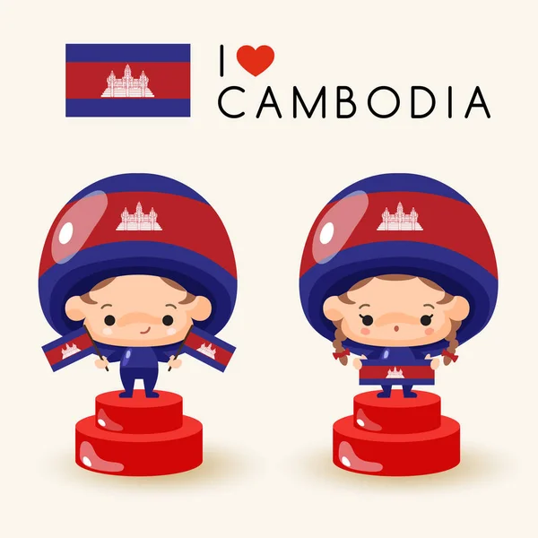 Мальчик Девочка Национальных Шляпах Национальными Флагами Камбоджа Векторная Иллюстрация — стоковый вектор