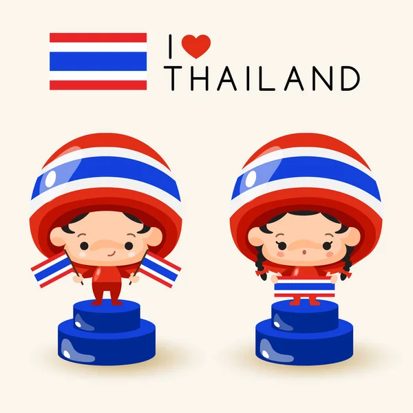 Garçon Fille Portant Chapeau National Tenant Des Drapeaux Nationaux Thaïlande — Image vectorielle