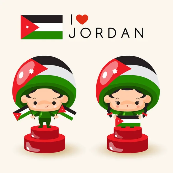 Мальчик Девочка Национальной Шляпе Национальными Флагами Иордания Векторная Иллюстрация — стоковый вектор