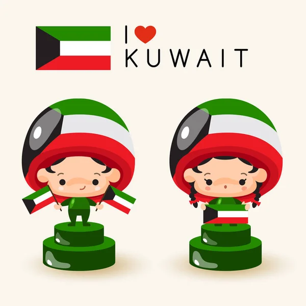 Chlapec Dívka Národní Klobouk Držení Vlajky Států Kuvajt Vektorové Ilustrace — Stockový vektor