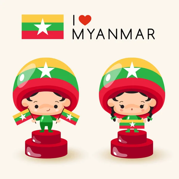 Menino Menina Vestindo Chapéu Nacional Segurando Bandeiras Nacionais Myanmar Vector —  Vetores de Stock