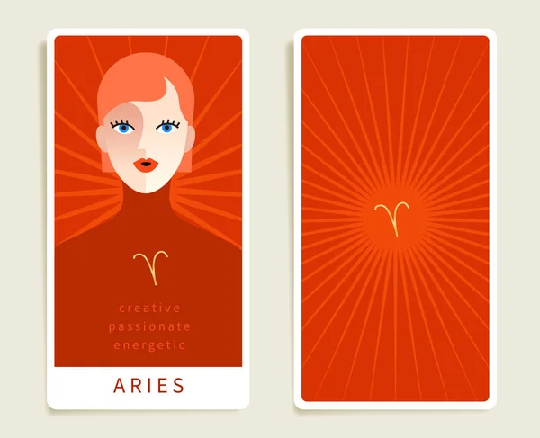 Aries Beautiful Woman Horoscope Sign Template Tarot Cards Vector Illustration — Stock Vector