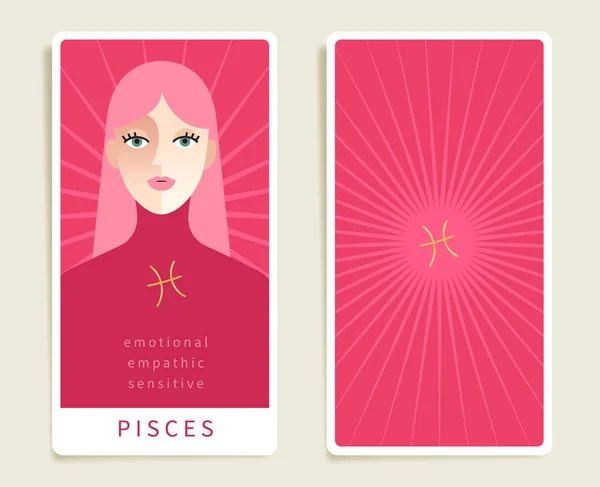 Pisces Beautiful Woman Horoscope Sign Template Tarot Cards Vector Illustration — Stock Vector