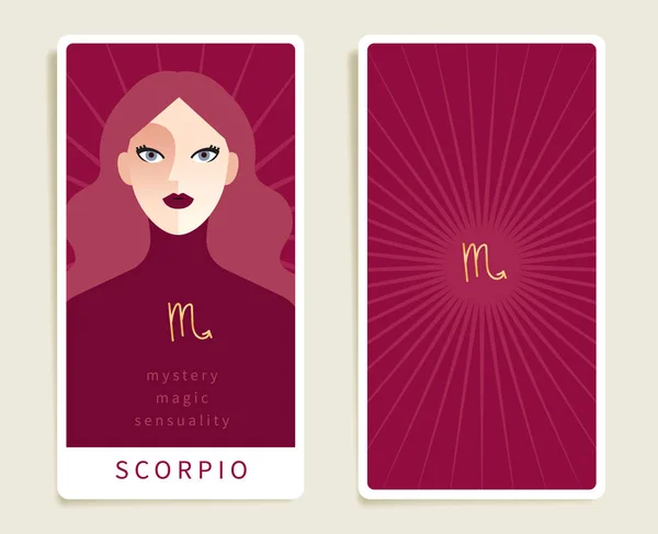 Schorpioen Mooie Vrouw Met Horoscoop Teken Sjabloon Voor Tarotkaarten Vectorillustratie — Stockvector