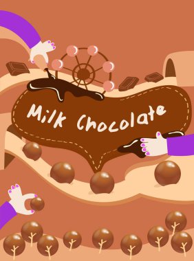 Eğlenceli çikolata topları üretim süreci park arka plan: vektör çizim