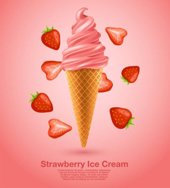 Çilek: Aromalı yumuşak dondurma seti: vektör çizim