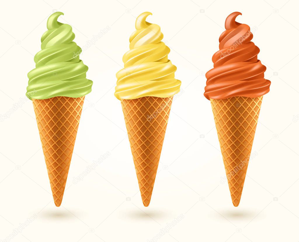 Three flavored ice cream cones isolated on white background : Vector Illustration