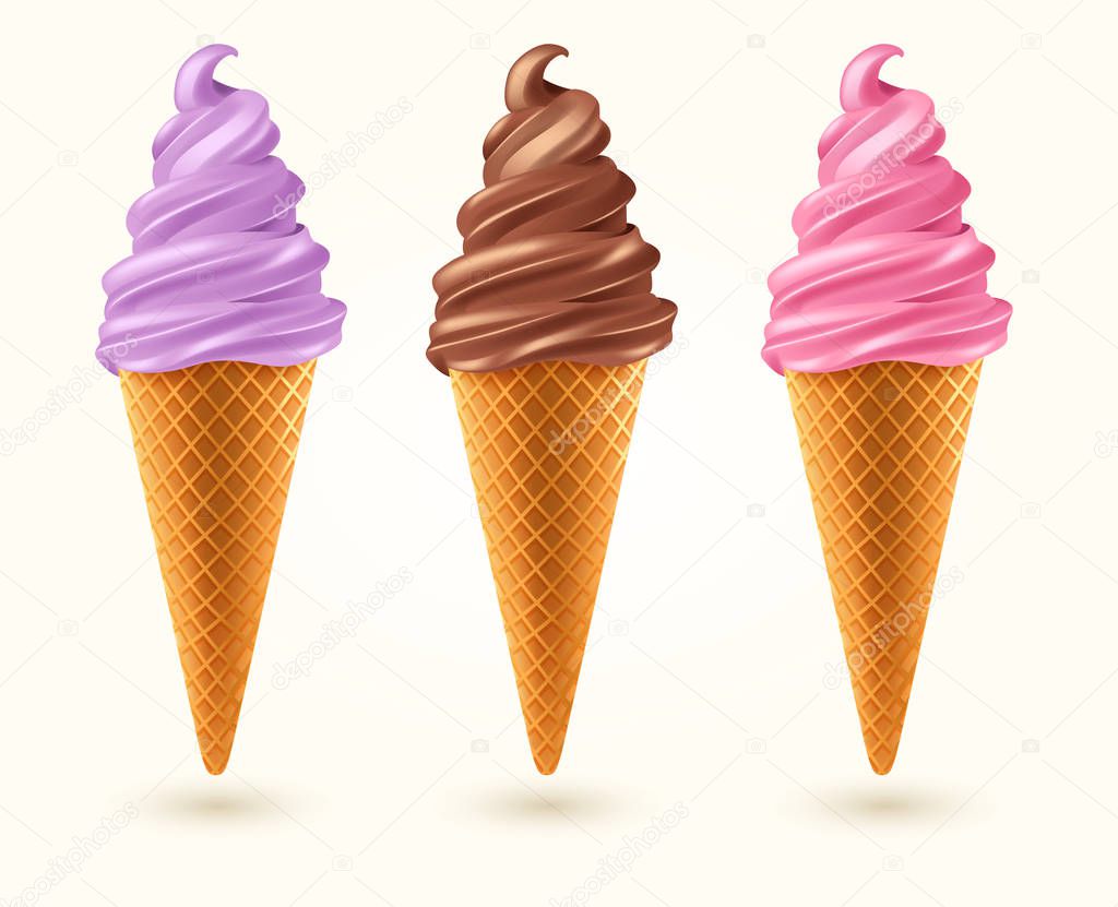 Three flavored ice cream cones isolated on white background : Vector Illustration