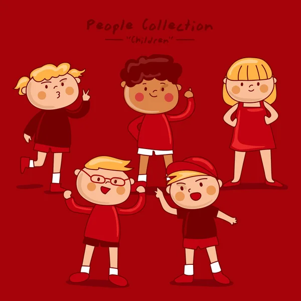 Grupo Personas Colección Los Niños Están Pie Sobre Fondo Rojo — Vector de stock