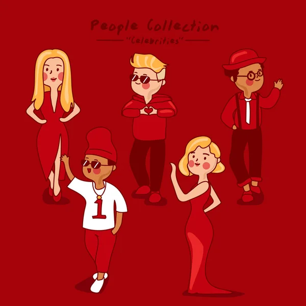 Collection Groupe Personnes Célébrités Debout Sur Fond Rouge Illustration Vectorielle — Image vectorielle