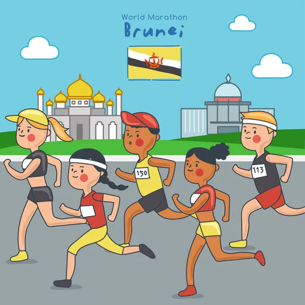 Les Coureurs Marathon Courent Sur Fond Attraction Touristique Illustration Vectorielle — Image vectorielle