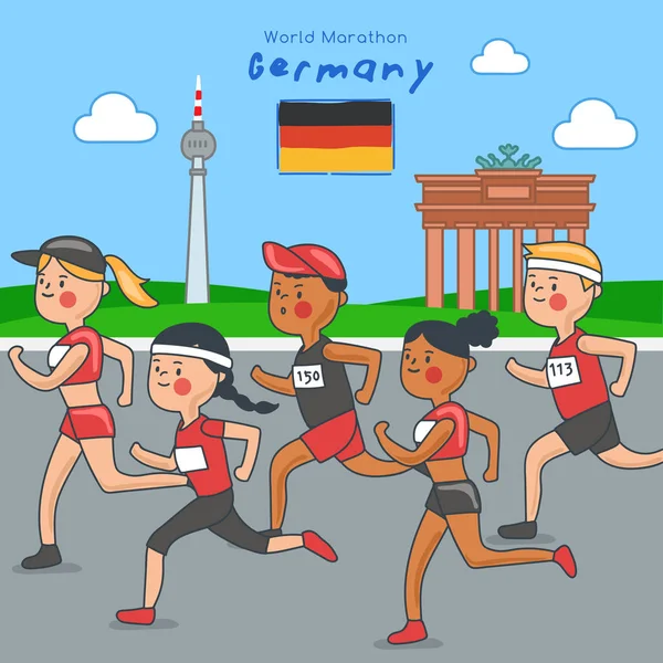 Marathonläufer Laufen Auf Touristenattraktion Hintergrund Vektorillustration — Stockvektor