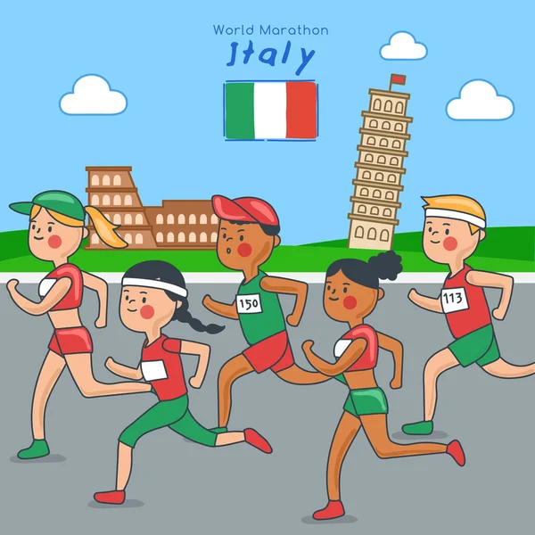 Marathonläufer Laufen Auf Touristenattraktion Hintergrund Vektorillustration — Stockvektor