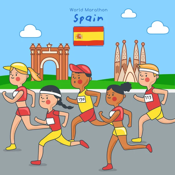 Los Corredores Maratón Ejecutan Fondo Atracción Turística Vector Illustration — Vector de stock