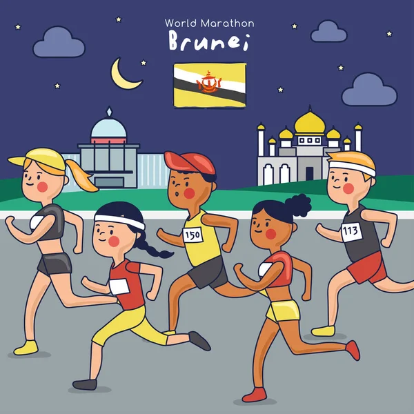 Les Coureurs Marathon Courent Sur Fond Attraction Touristique Nuit Illustration — Image vectorielle