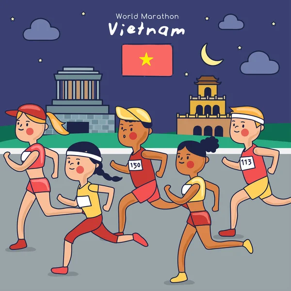 Maratona Corredores Estão Correndo Fundo Atração Turística Noite Vector Ilustração —  Vetores de Stock
