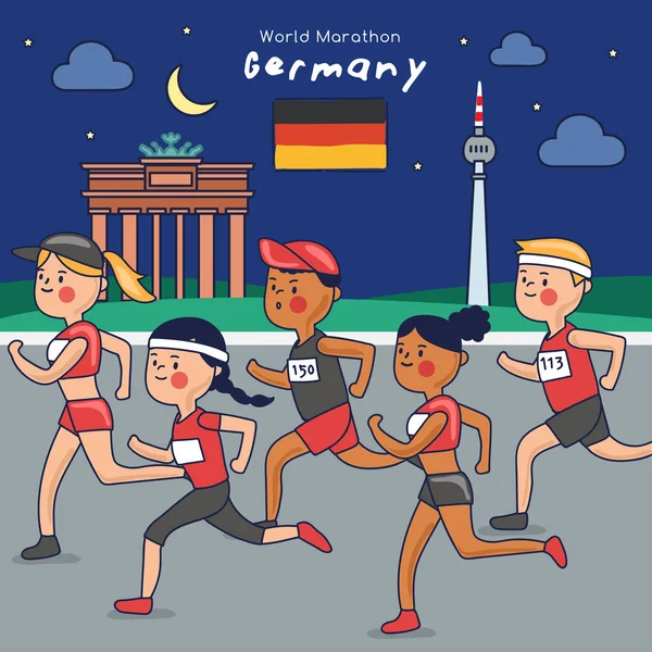 Maratoneti Sono Esecuzione Sfondo Attrazione Turistica Notte Vector Illustration — Vettoriale Stock